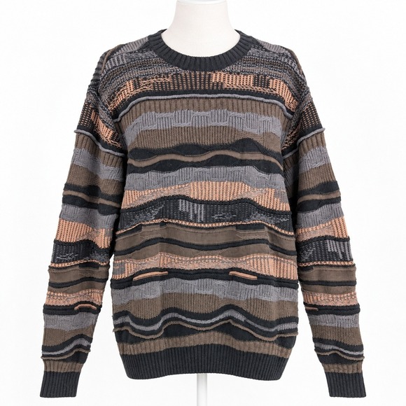 PacSun Sweaters - Coogi Style 3D Knit Crewneck Sweater Size M Brown Striped Retro Funky Cottage